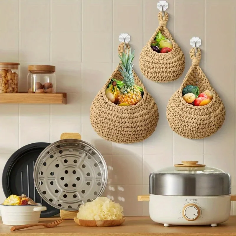 Hand-woven Basket Vegetable Fruit Basket Net Pocket Kitchen Hanging Net Pocket Rattan Storage Baskets Plant Flower Container