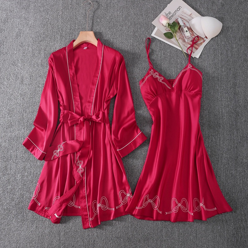 Conjunto de Bata de rayón con lazo bordado y cuello en V para mujer, camisón Sexy con tirantes, ropa de dormir para el hogar, verano, 2 uds.:  Burgundy / L