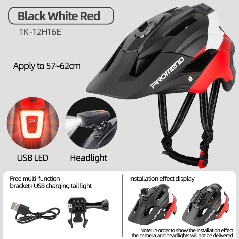 PROMEND – casque de vélo de descente, lumières LED, gopro, support de caméra, pour cyclisme sur route, Sport de plein air, équitation, pour hommes: Black W R Headlight