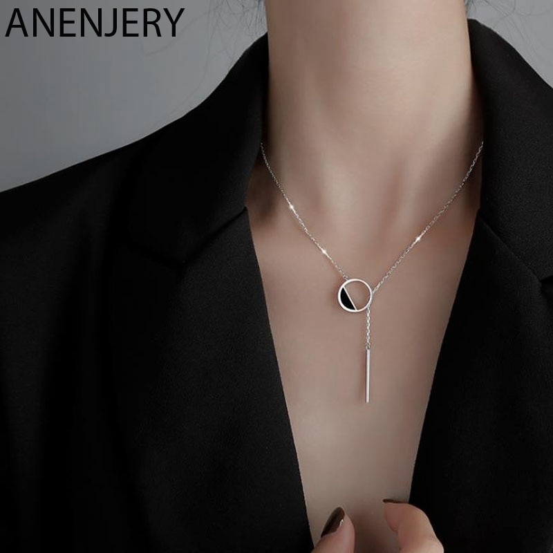 ANENJERY 925 Sterling Silver Black Round Necklace for Women Tassel Sweater Chain Fine Handmade Jewelry S-N304