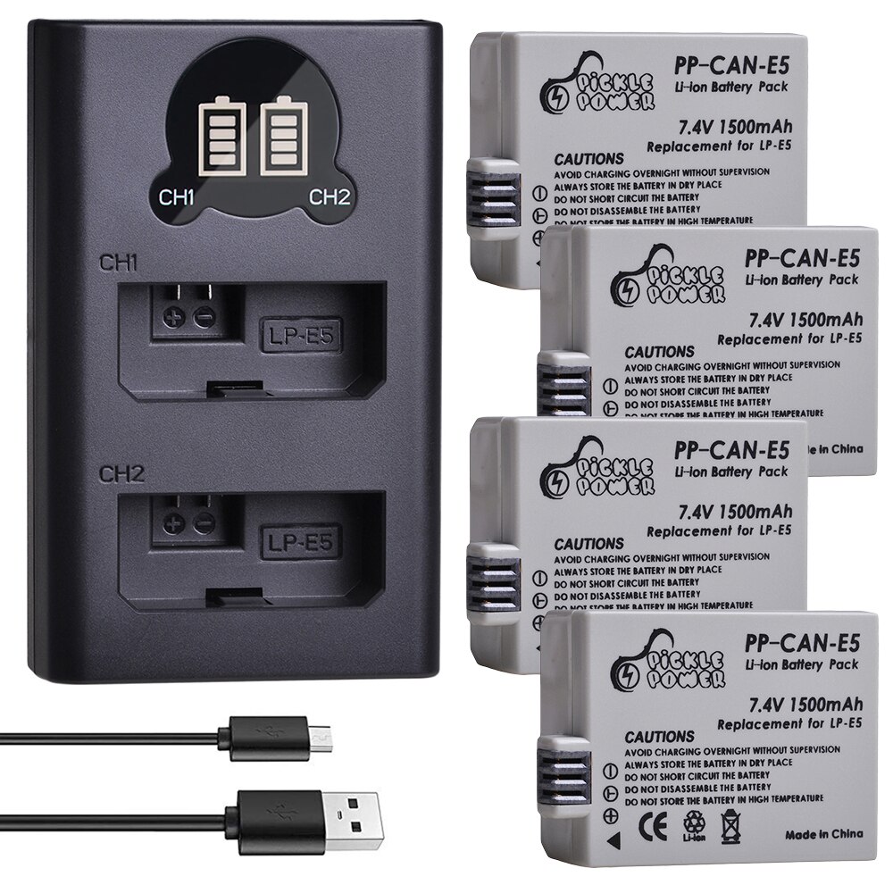 LP-E5 LPE5 LP E5 Camera Battery + LED Daul USB Charger for Canon EOS 1000D 500D 450D Kiss X3 X2 F EOS Rebel XS XSi Rebel T1i.: Charger and 4Battery