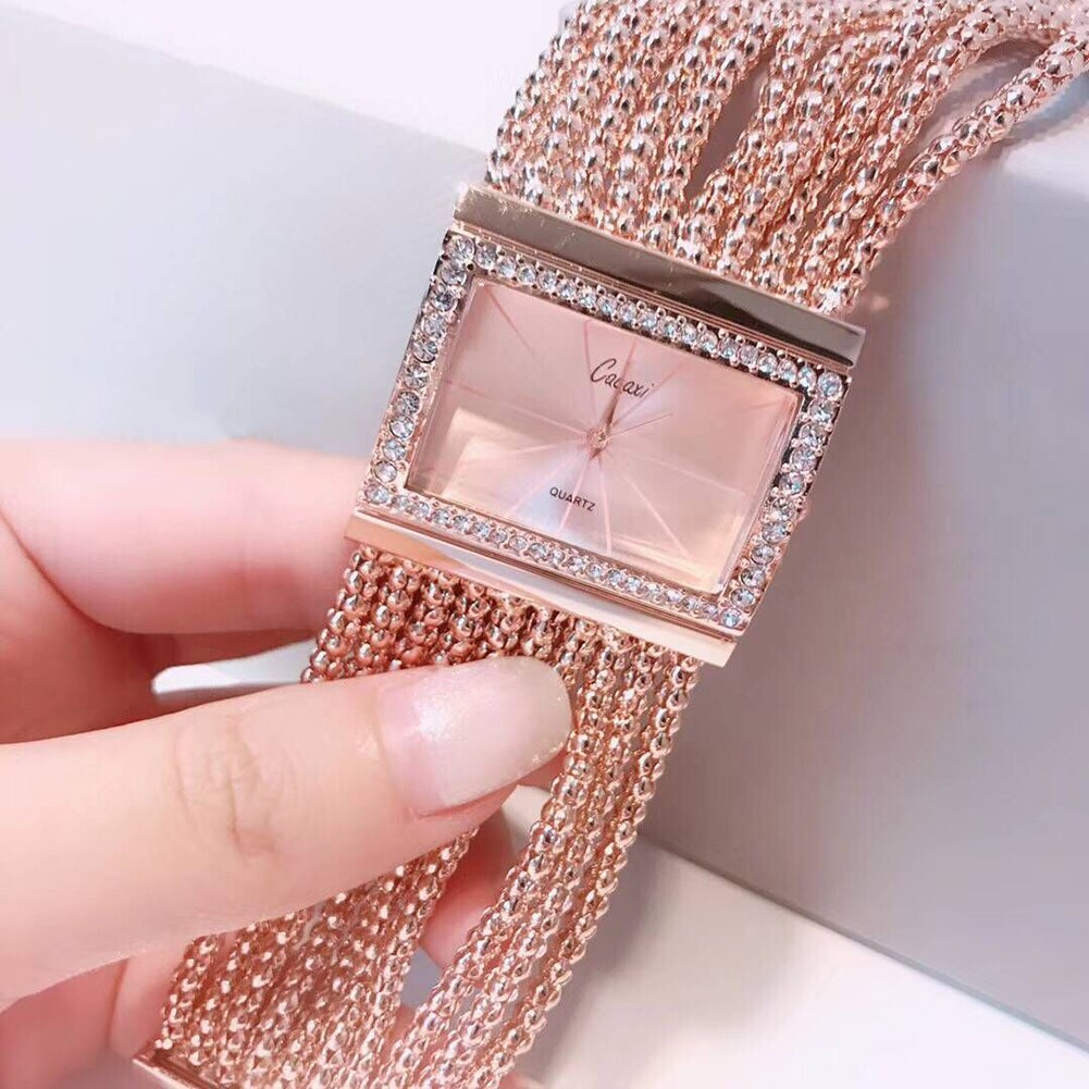 Luxe dameshorloge met strass, vierkante wijzerplaat, geen nummer, legering band, dames quartz armband met kwastjes, polshorloges, relogio feminino