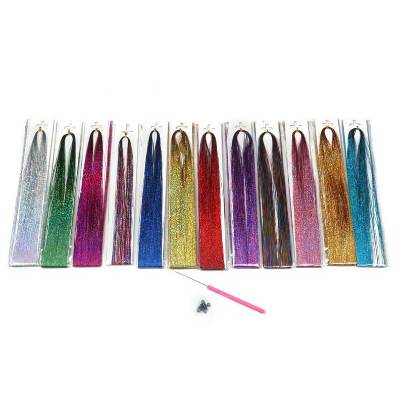 Hår tinsel strands kit, tinsel hair extensions, fairy hair tinsel kit for kvinner jenter med verktøy  (12 farger)