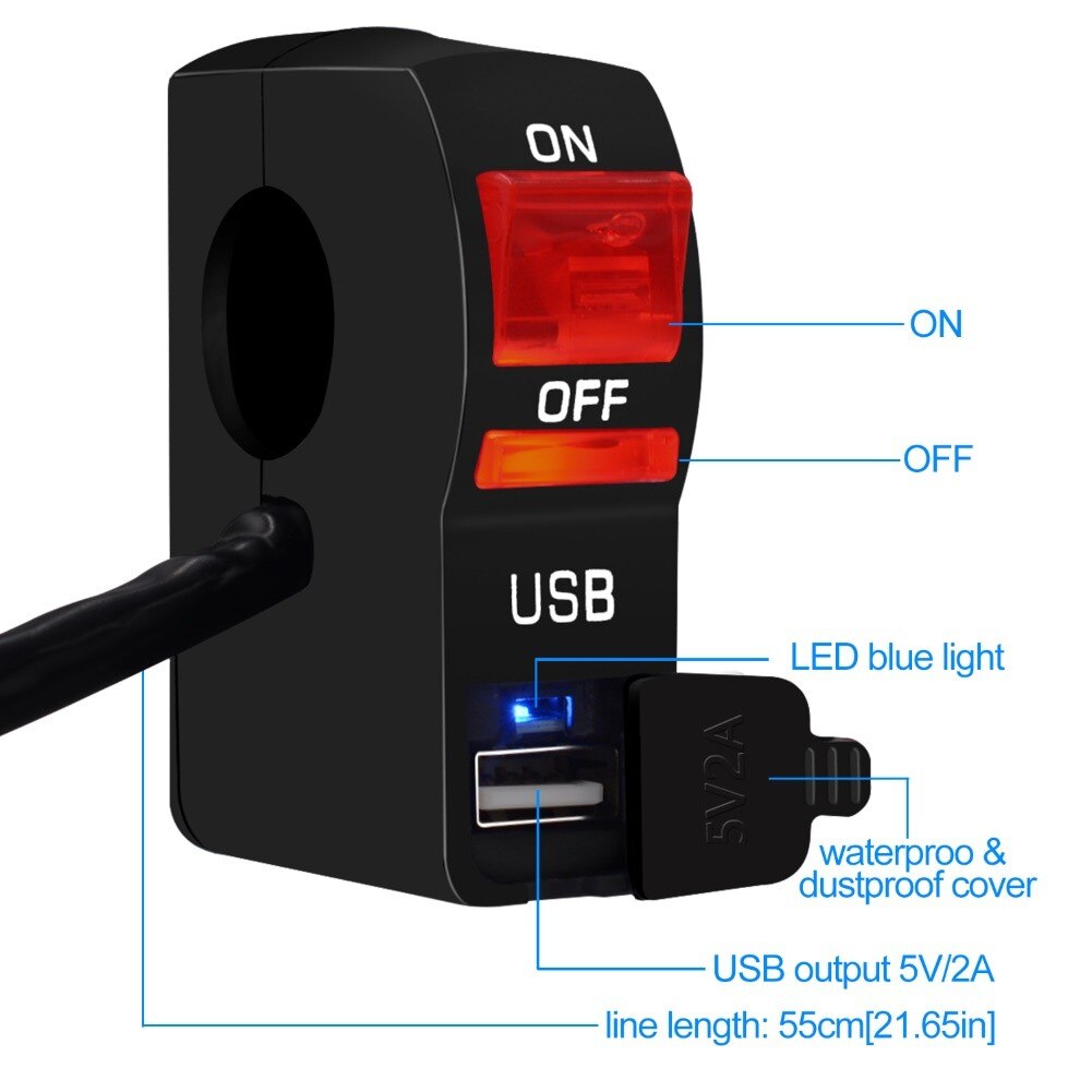 Cargador de teléfono USB con interruptor, montaje en manillar de motocicleta, indicador LED, CC de 12V