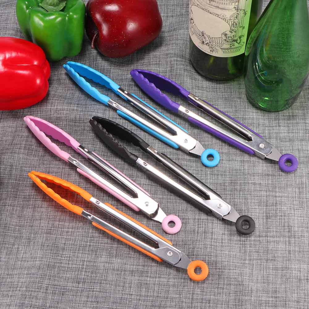 Pinzas de silicona para comida, acero inoxidable, antideslizantes, para cocina, barbacoa, utensilios para ensalada, accesorios de cocina