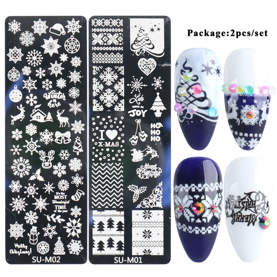 2PC Xmas zestaw warstw stemplujących na paznokcie płatki śniegu gwiazdy serca święta nowy rok projekt Nail artystyczny obraz Manicure wzornik LASUM01-M06-3