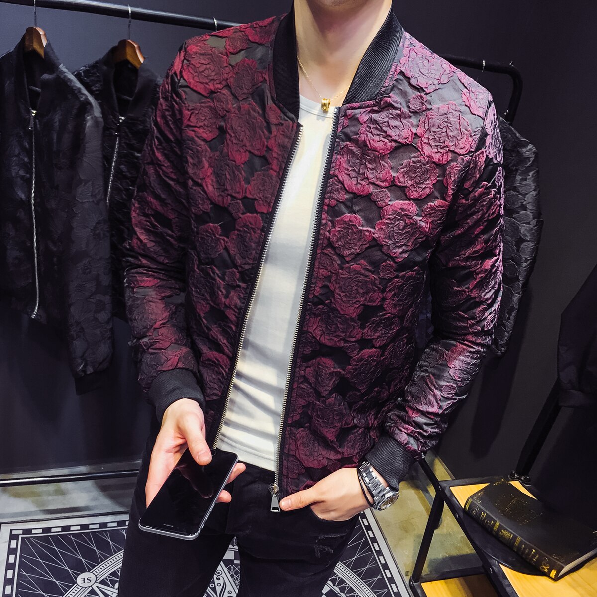 Autumn Jacquard Bomber Jackets Men Luxury Wine Red Black Grey Party Jacket Outfit Club Bar Coat Men Casaca Hombre 4XL