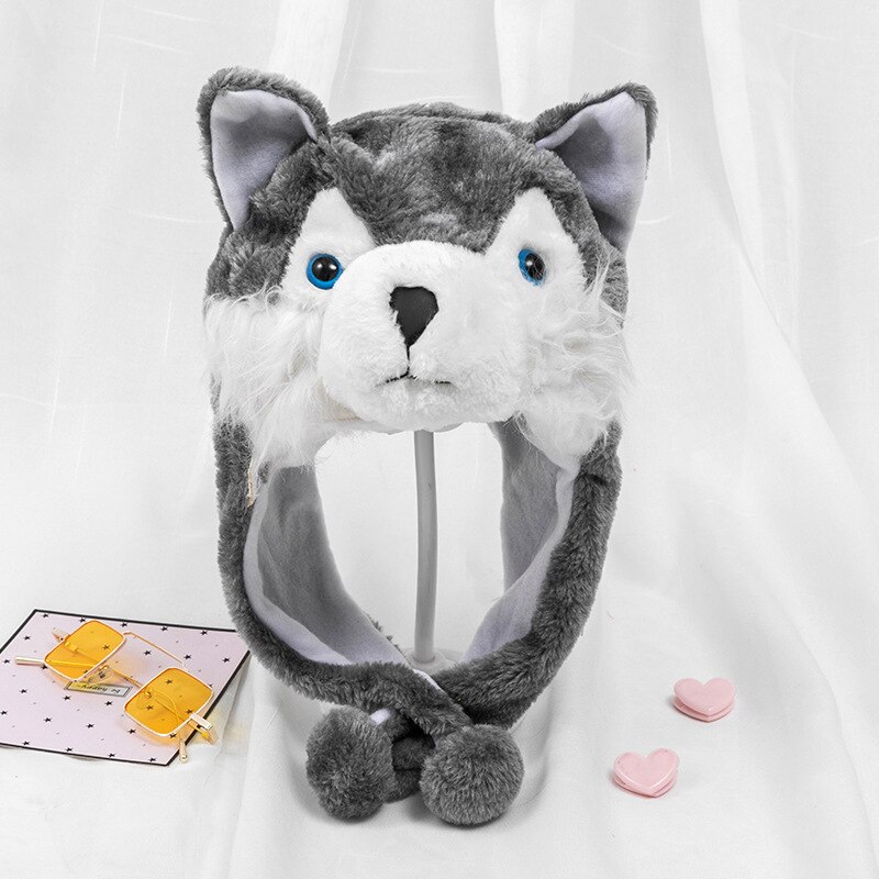 Husky Timber Wolf Cute Plush Animal Winter Hat Warm Winter: Gray