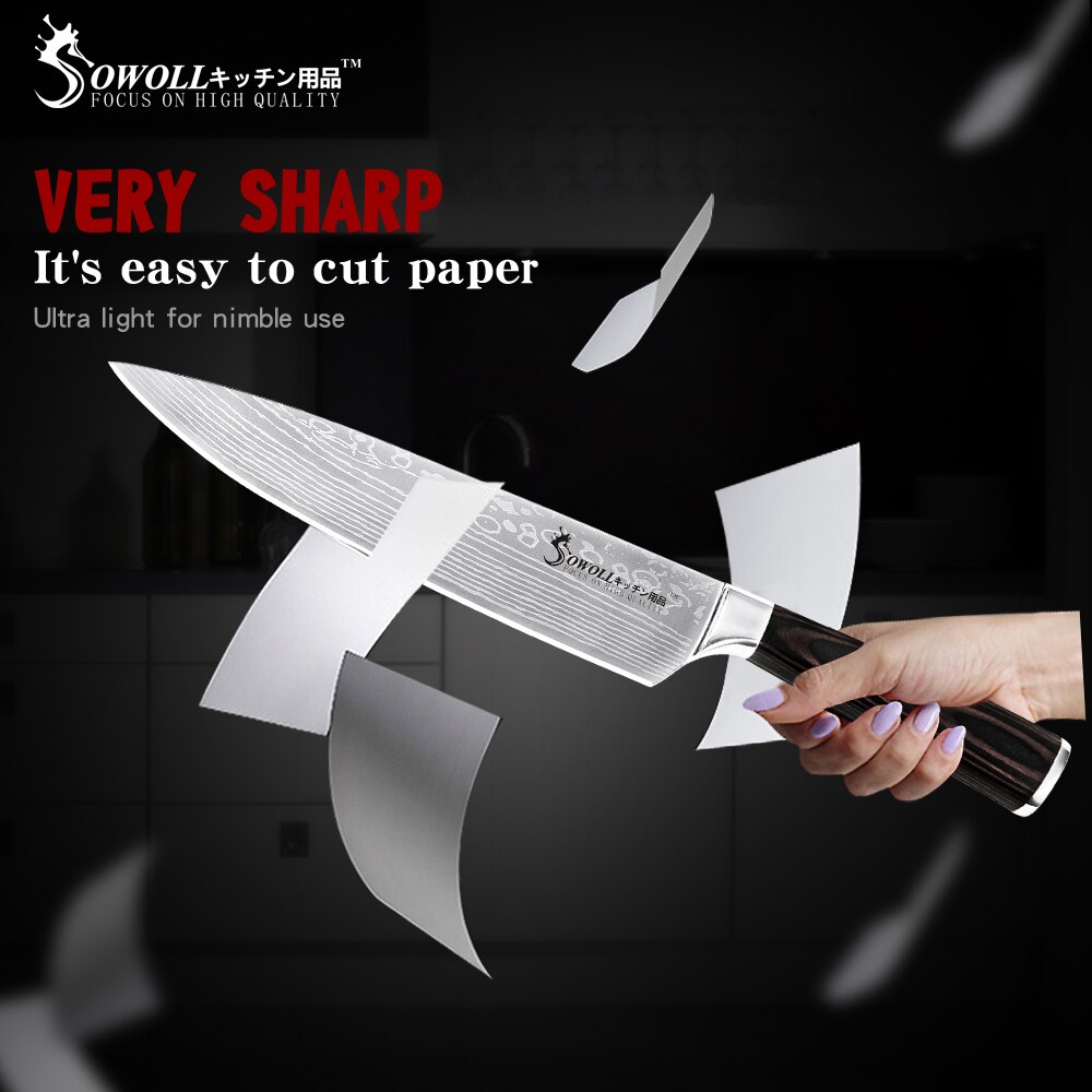 Sowoll Stainless Steel Cooking Knife Damascus Pattern Blade Chef Slicing Santoku Utility Paring Knife Camping Cooking Tools