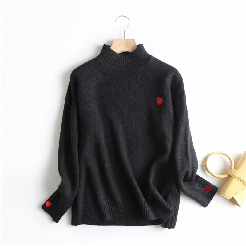 H. Sa Vrouwen Winter Trui En Gebreide Jumpers Coltrui Pull Femme Hart Borduurwerk Sueter Mujer Winter Pull Trui: LM8683-W Black