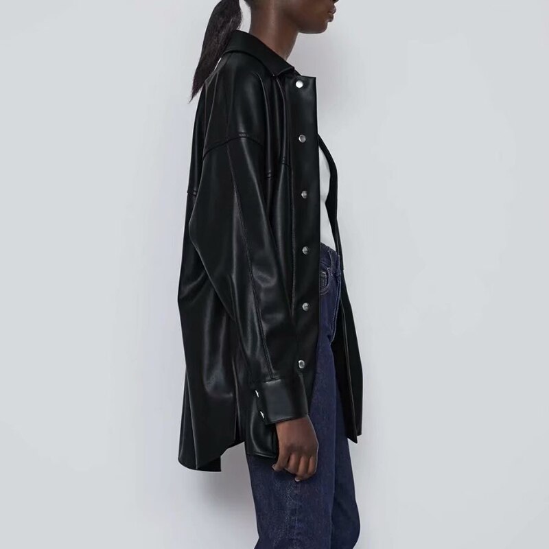 Chaqueta de cuero sintético para mujer, abrigo de camisa fina para primavera y otoño, ropa de calle a la , chaqueta gótica Vintage de color negro, atuendo estético,
