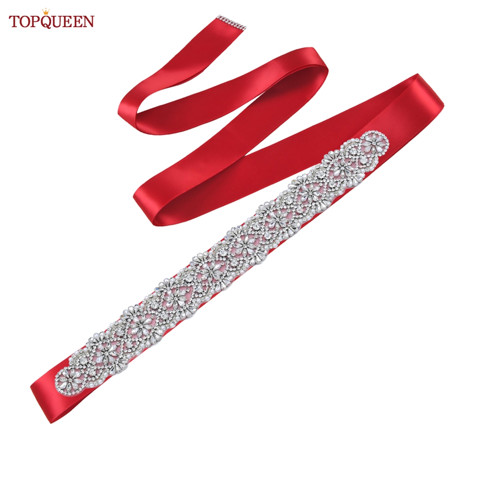 TOPQUEEN S04B damski luksusowy pasek srebrny Rhinestone pas biodrowy ślub kobieta pas pas ślubny aplikacja pasy dla kobiet szeroki: wine red ribbon