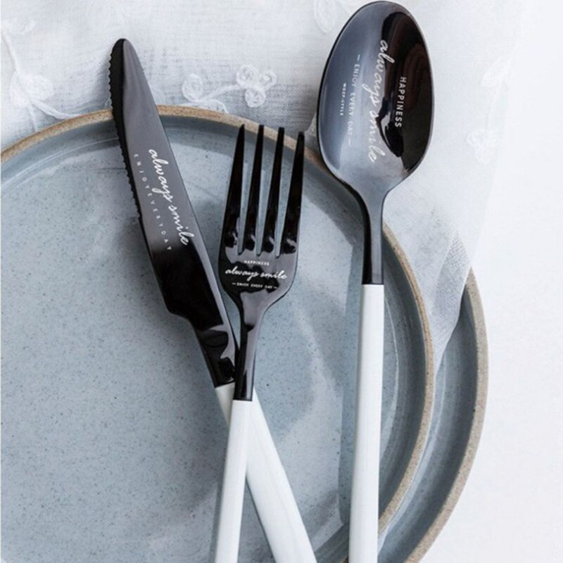 Tenedor principal para carne, cuchillo para sopa, cuchara, juego de cubiertos para café, estilo Simple, tenedores para fruta, postre, cubiertos de la cena en blanco y negro