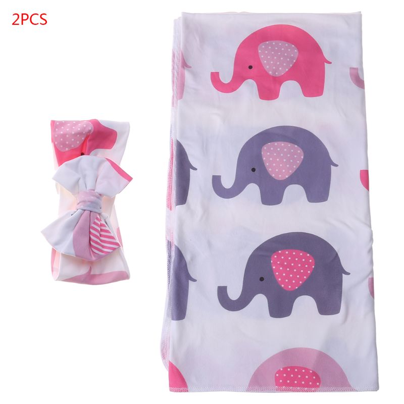 Manta para envolver con estampado de dibujos animados para niños pequeños, 2 uds., con lazo, diadema, banda para el pelo, Set para bebés: 1