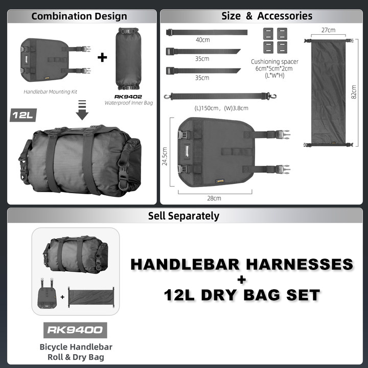 Rhinowalk Bilke – harnais de guidon 12l, sac sec, sac avant étanche et détachable, Base de montage de grande taille adaptée au vélo de route et vtt: WHITE