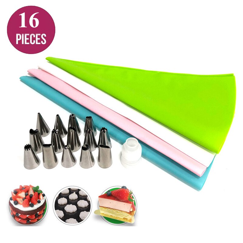 Cake Decorating Set Piping Nozzles Tips Pastry Scraper Converter Silicone Cream Bag DIY Cupcake Dessert Baking Supplies Kit: 16 PCS