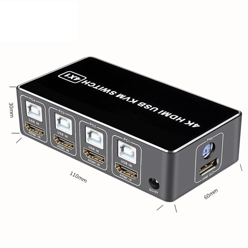 4K HDMI KVM Switch 4Ind 1Ud - USB, Tastatur, Mus, Printer, Skærm