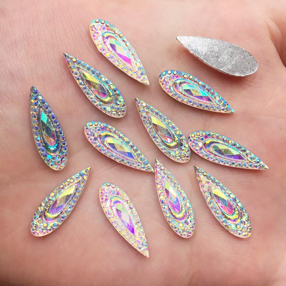 60 PCS shiny AB Hars 6*20mm Pauw eye Flat back rhinestone half Kraal bruiloft ornament DIY sieraden maken PF601