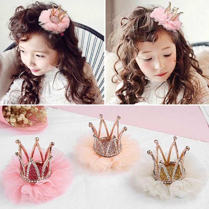 Children Kidds Girl Princess Rhinestone Crystal Lace Crown Hairpin Clip Style Decoration Accessory