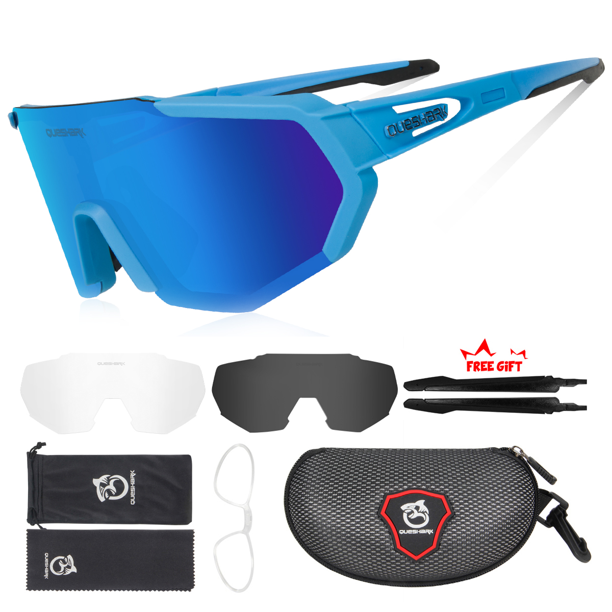 QUESHARK mujeres hombres polarizadas 3 lentes conjunto ciclismo gafas de sol deportes MTB bicicleta gafas montar bicicleta de carretera gafas QE42: Gris