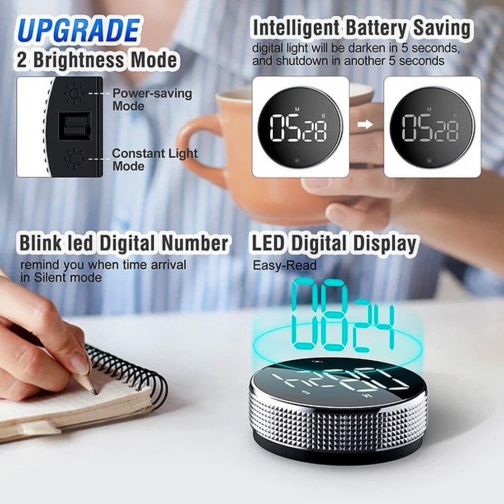 Round Rotary Digital Timer Stopwatch LED 99 Minutes 59 Seconds Studying Meditation Countdown Alarm 3 Level Volume Kitchen Gadget