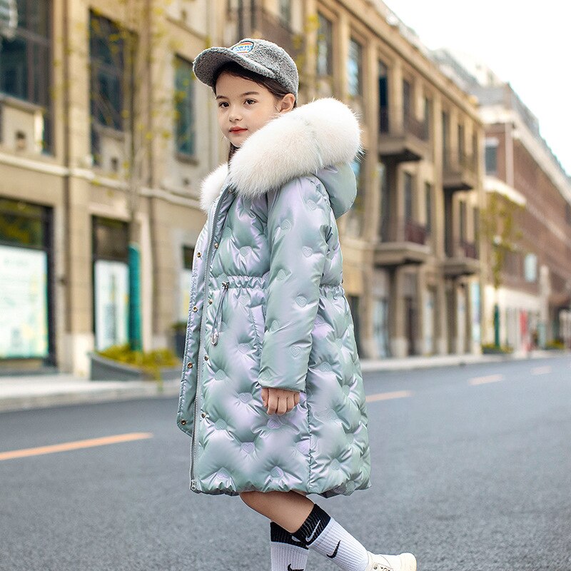 bright color thick down jacket winter jackets girls russian winter coats two-way zipper love embroidery pattern super fur collar: Green / 12