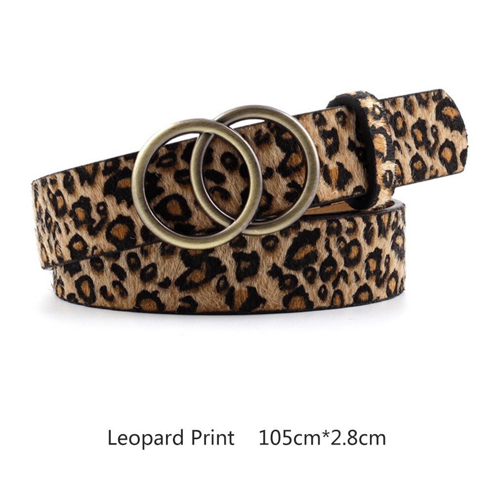 Women Gold Black Silver Big Double Ring Circle Buckle Belt Waistband Female Ladies Wide Leather Straps Belts for Jeans: Leopard