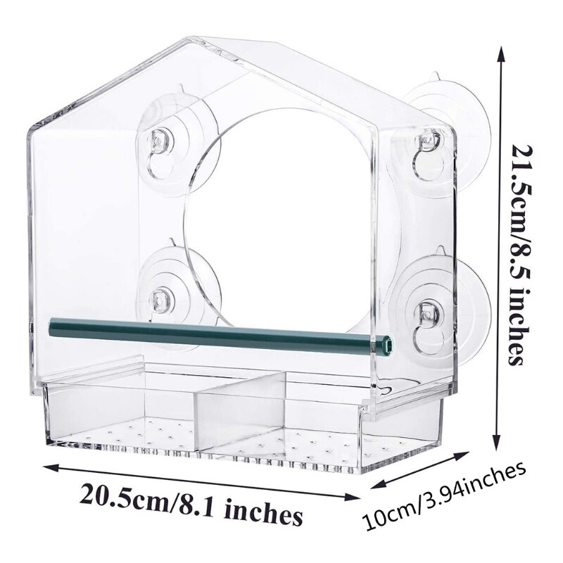 Acrylic Window Bird Feeder Strong Suction Cups Weatherproof with Shield Roof Drain Holes Outdoor Clear Bird House