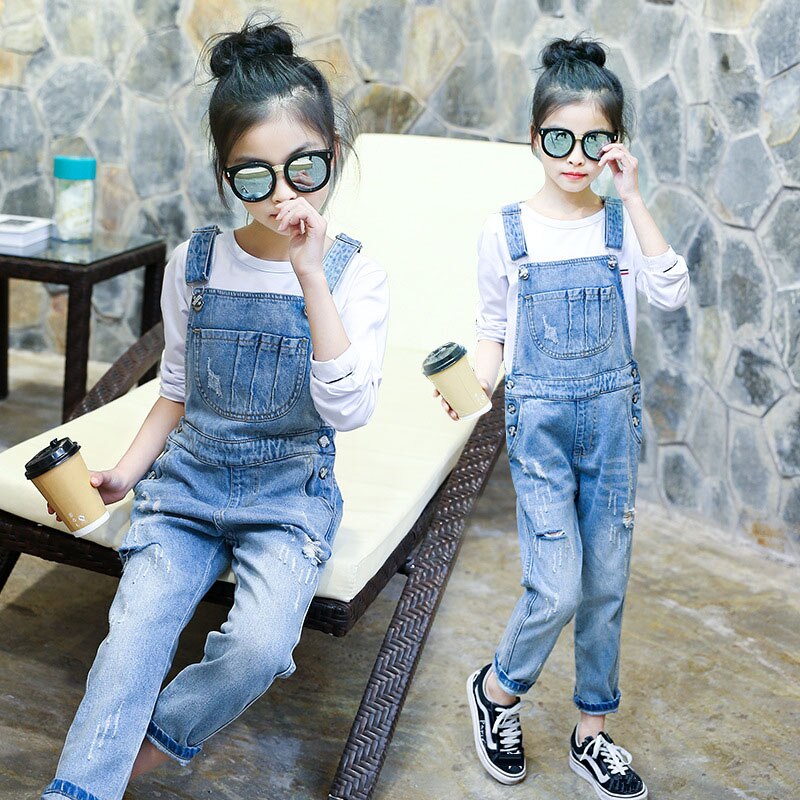 5-14Y Meisjes Denim Overalls Lente Kinderen Jumpsuits Casual Mode Kleding Voor Kinderen Ripped Broek Gewassen Cowboy Jeans Kids J
