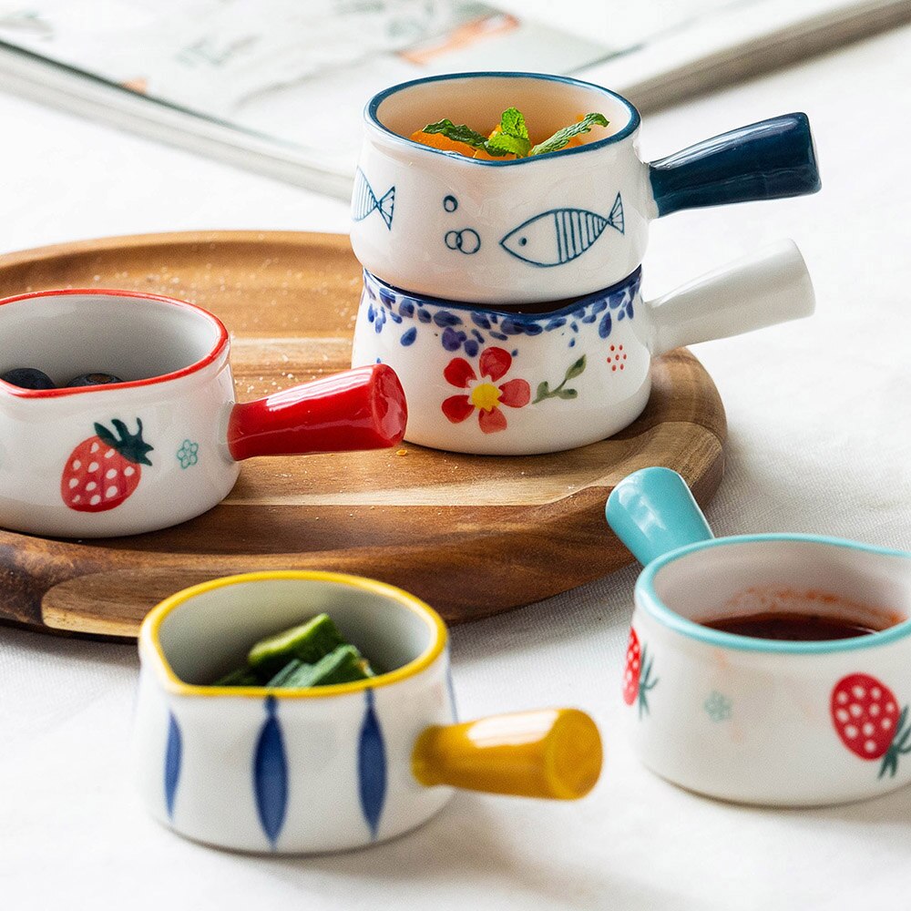 Ceramic Mini Milk Jug With Handle Japanese Sauce Saucer Coffee Sugar Bubble Pot Flower Pattern Kitchen Tableware