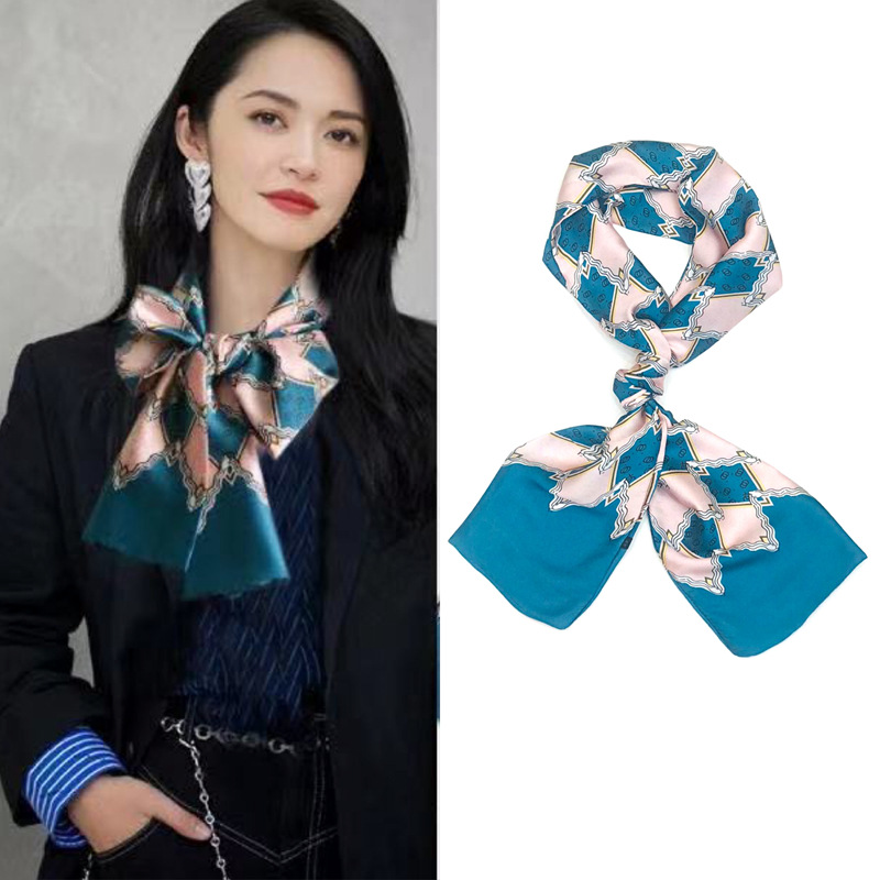 Neue schmale Damen-Seidenschals, Pufferband, Haarschmuck, Krawattenbeutel, 145 x 13 cm, Halstuch, bedruckt, Simulation langer Seidenschal: Gelb