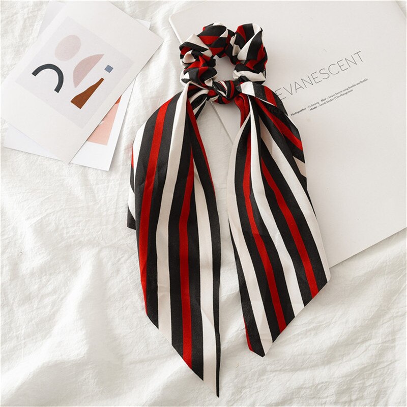 Coleta para mujer, pañuelo elástico largo, lazos para el pelo, cintas para el pelo, cinta para el pelo con estampado de rayas: 4