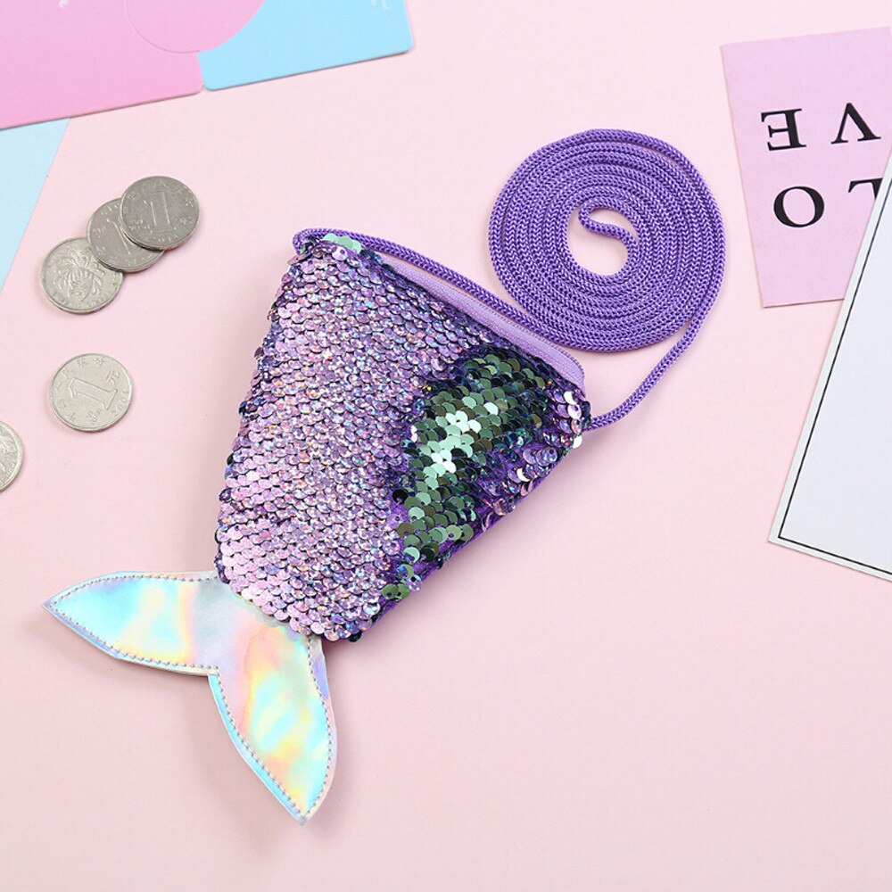 Sequins Wallets Children Coin Purses Kids Girls Handbags Zipper Wallets Cute Pouch Key Packet Fish tail Small Mini Coin Bag: Purple