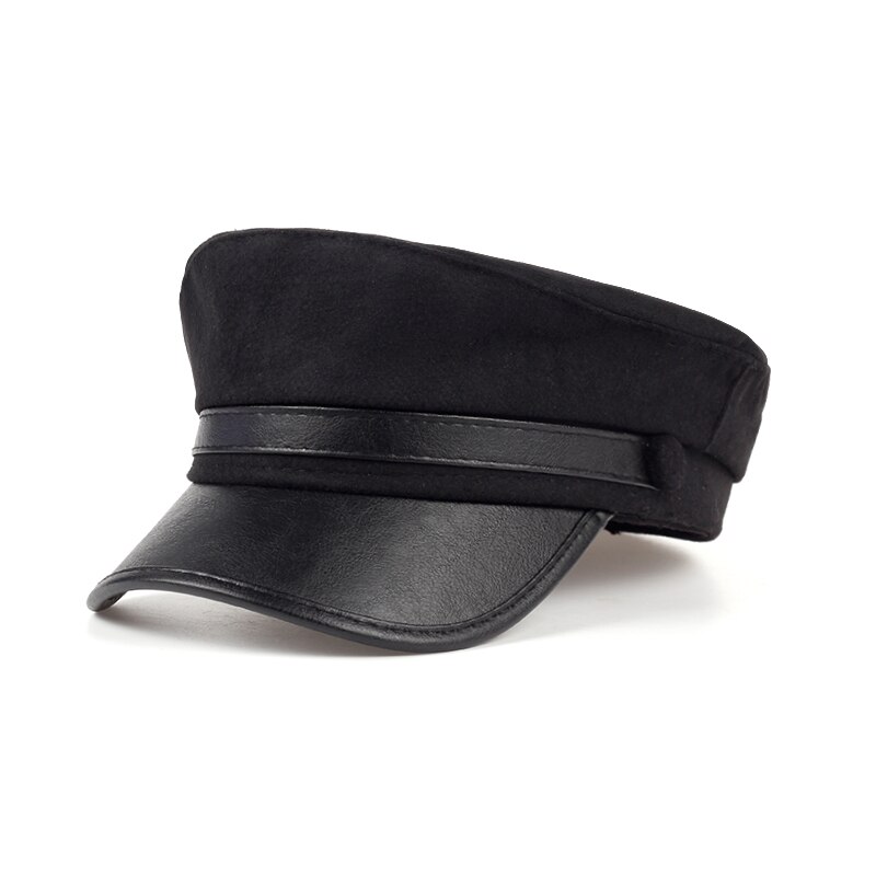 Boina de lana con vosor para hombre y mujer, gorro cálido de cuero azul marino para viajes al aire libre, invierno,