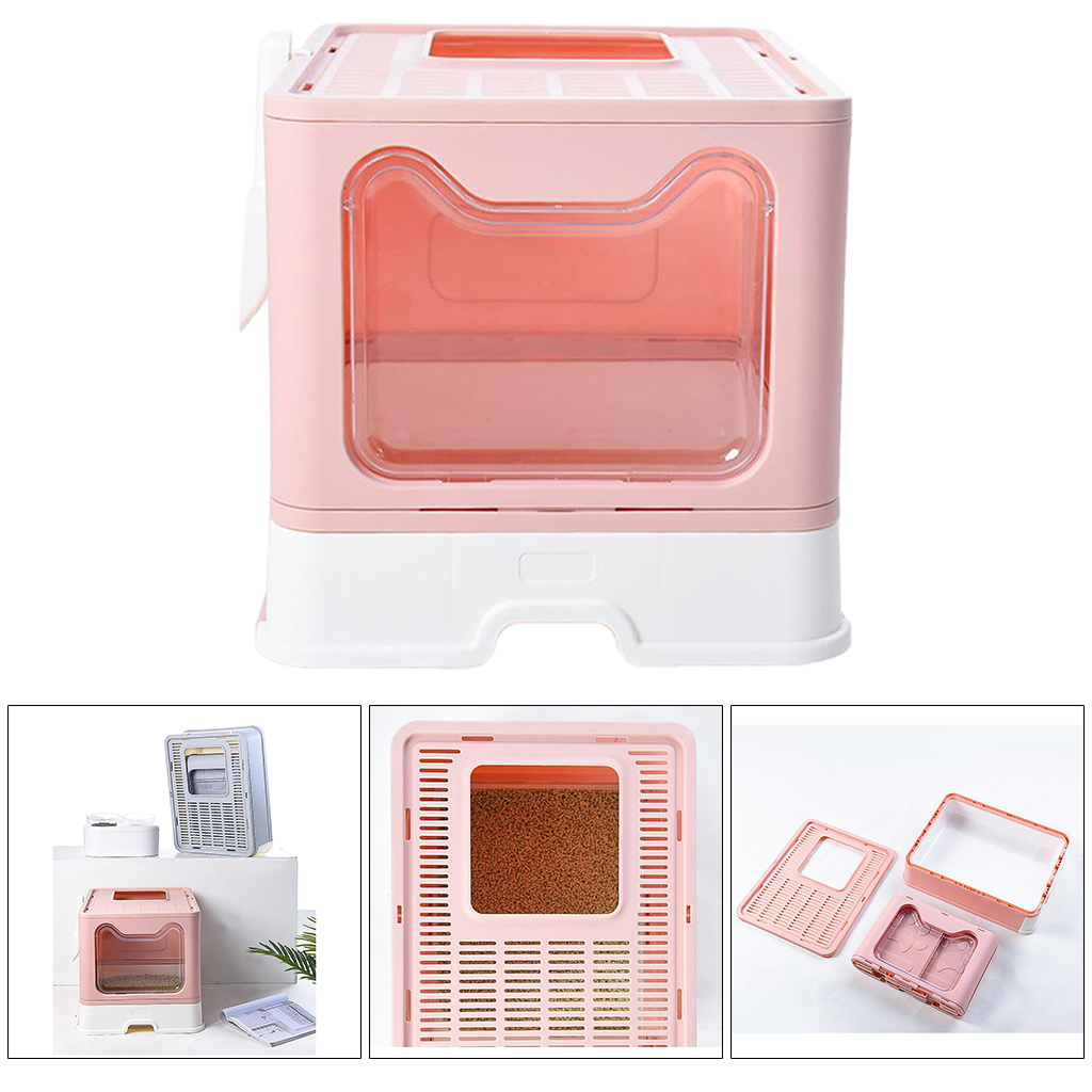 Caja de arena plegable con tapa para gato, inodoro para mascotas, orinal de entrada superior con cuchara, con habitación interior grande: Pink