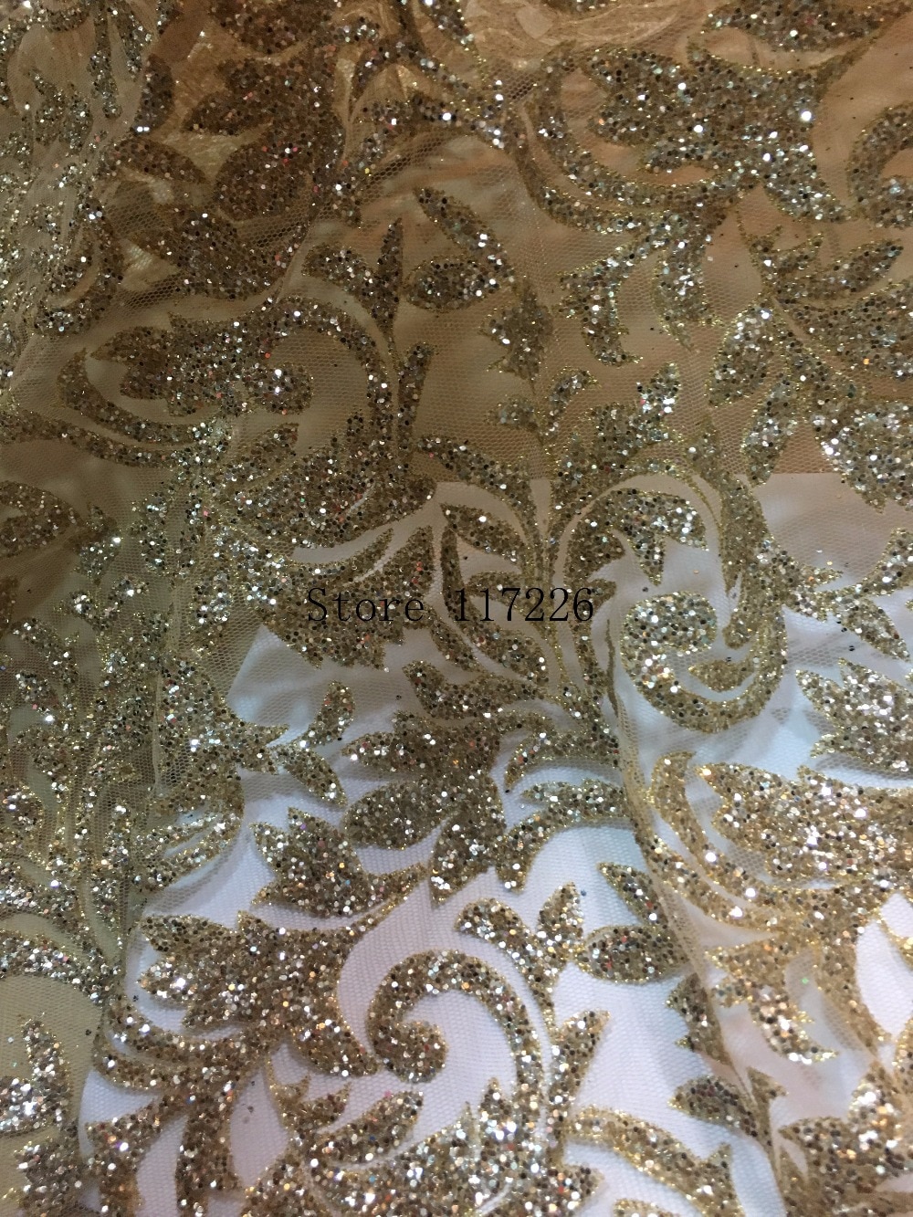 Bedst sælgende fransk afrikansk limet glitter sekvens blonder stof i guld farve paljetter blonder stof til festkjole jrb -92552