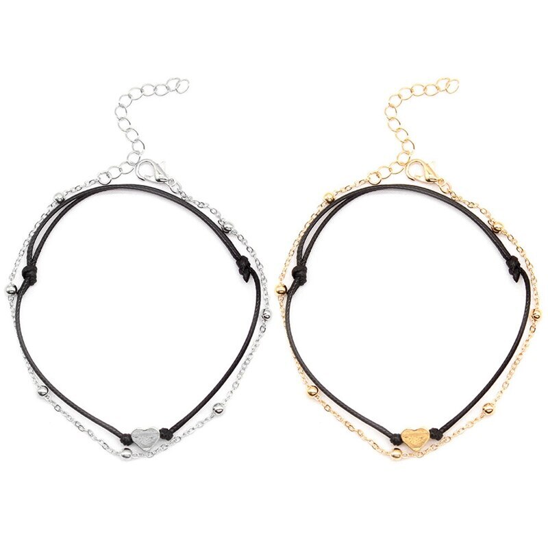 Dubbele Ankle Chain Hart Hanger Zwart Lederen Touw Enkelband Mode Voet Sieraden Armband Op De Been Enkelbanden Voor Vrouwen