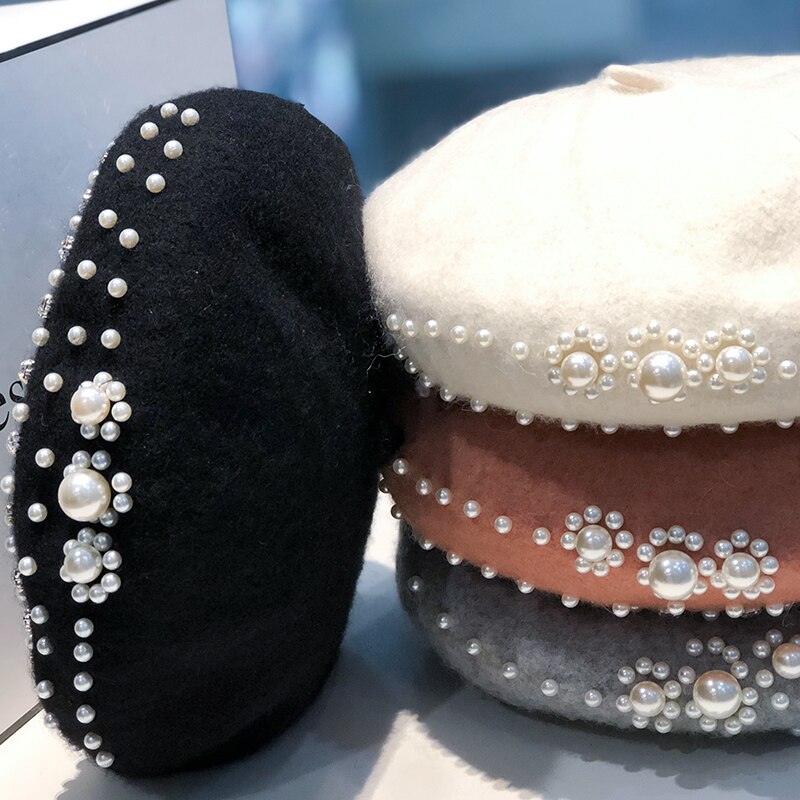 Béret noir rétro britannique pour femmes, automne et hiver, couleur pure, chapeau de peintre de perles en laine, chapeau de citrouille japonais à strass