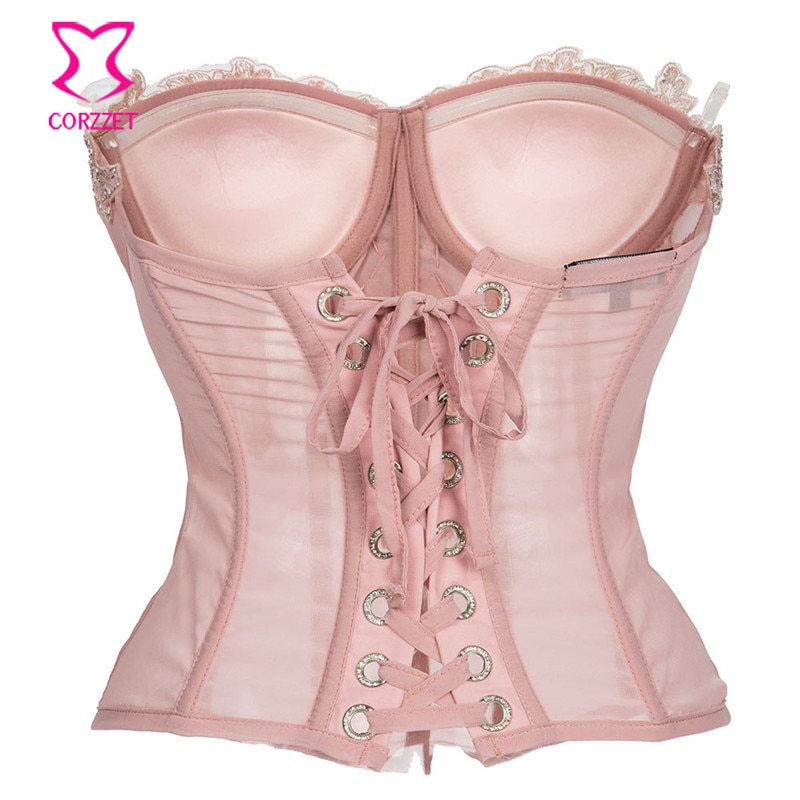 Corzzet Pink Lace Floral Appliques Sexy Lingerie Overbust Corset Lace Up Steampunk Corset Clothing Gothic Corselet