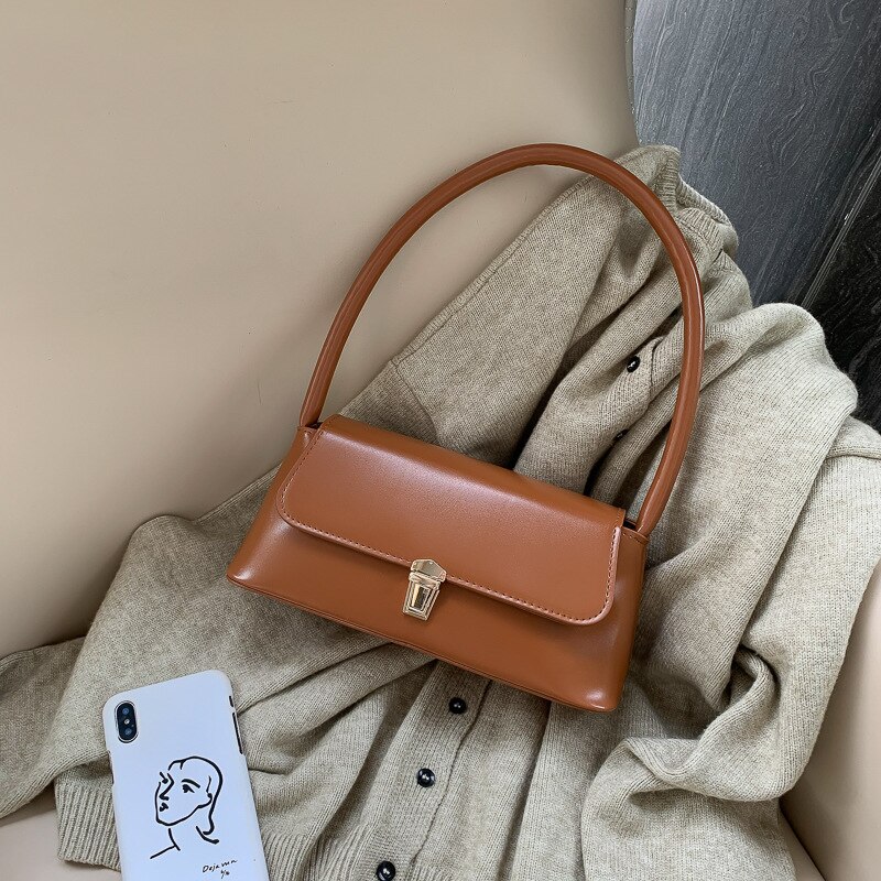 Stijl Baguette Tas Vrouwen Retro Eenvoudige Lederen Schoudertas Oksel Bag Celebrity Mini Handtas Bolsas Feminina: Bruin