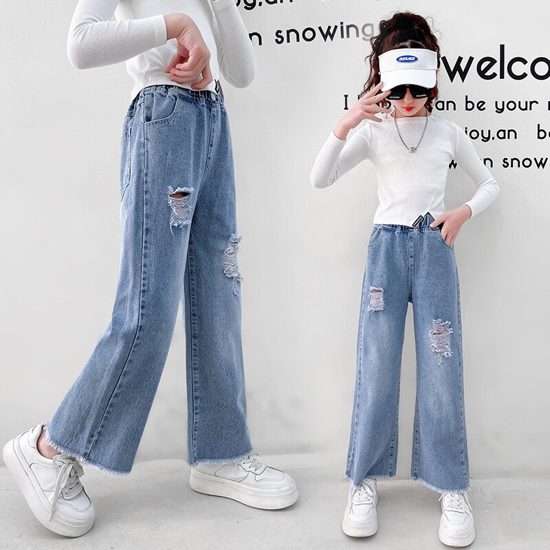 Pantalones vaqueros con agujeros rasgados para niña, pantalón informal de pierna ancha para adolescente, ropa para niña de 4, 5, 6, 7, 8, 10, 12 y 14 años, primavera y otoño