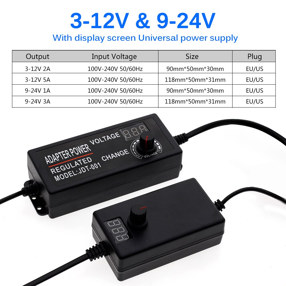 Adjustable AC to DC 3-12V 9-24V Voltage Regulated Adapter with display Screen Universal Power Supply Adapter EU/US Plug