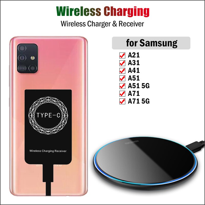 Wireless Charging for Samsung Galaxy A21 A31 A41 A51 A71 5G Wireless Charger Pad+Qi Receiver Type-C Phone Charging Adapter