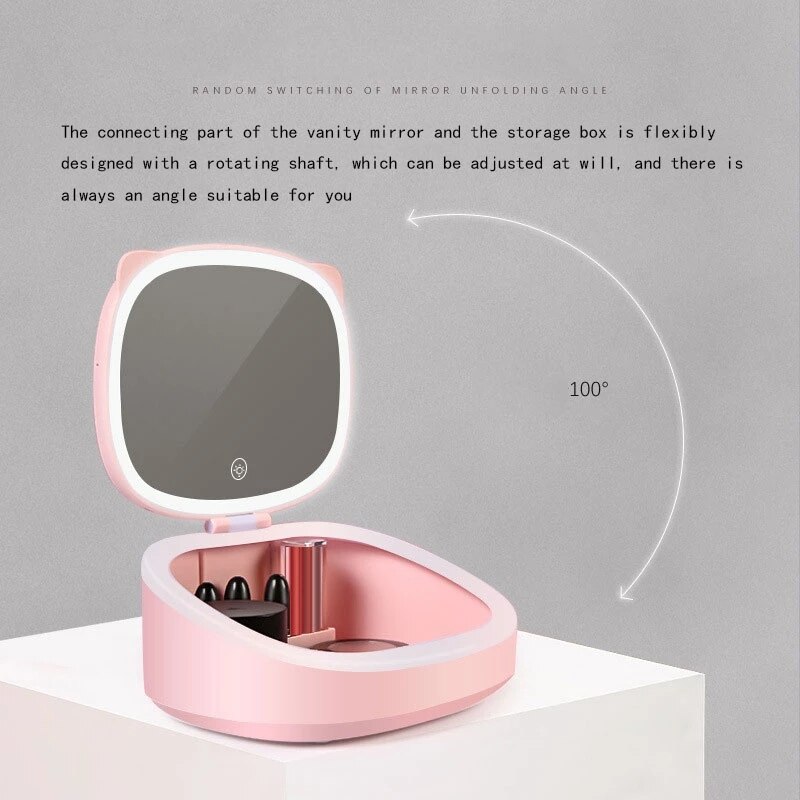 Cute Cat Ears LED Light Makeup Storage Box&amp;mirror Organizer Dormitory Table Fill Lamp Lipstick Hold Valentine's Day