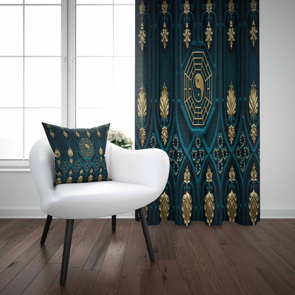 Else Green Golden Leaf Ethnic Geometric Peace Turkish 3d Print Living Room Bedroom Window Panel Curtain Combine Pillow Case