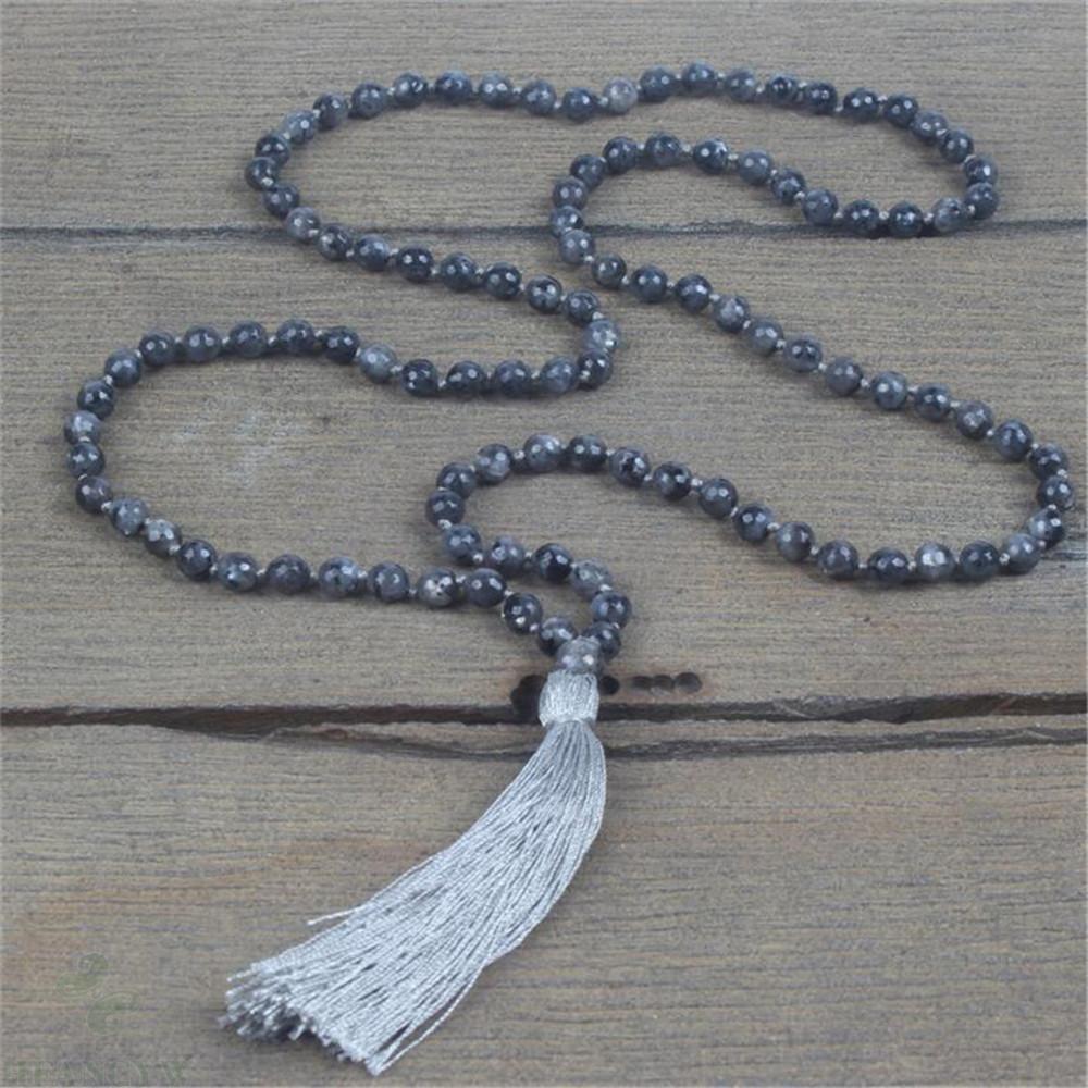 Collier noué à 6mm facettes noires scintillantes et 108 perles avec pompon, porte-bonheur, spiritualité, prière, fantaisie, bénédiction, bouddhisme, manchette classique