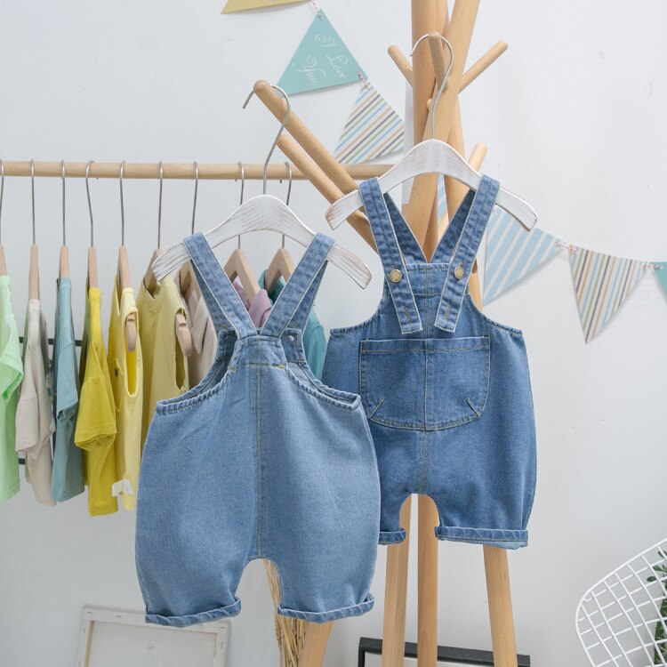 Baby kinderen overalls shorts casual koreaanse meisjes jumpsuit 1 2 3 4 5 jaar peuter jongens denim shorts grote zakken kind jeans