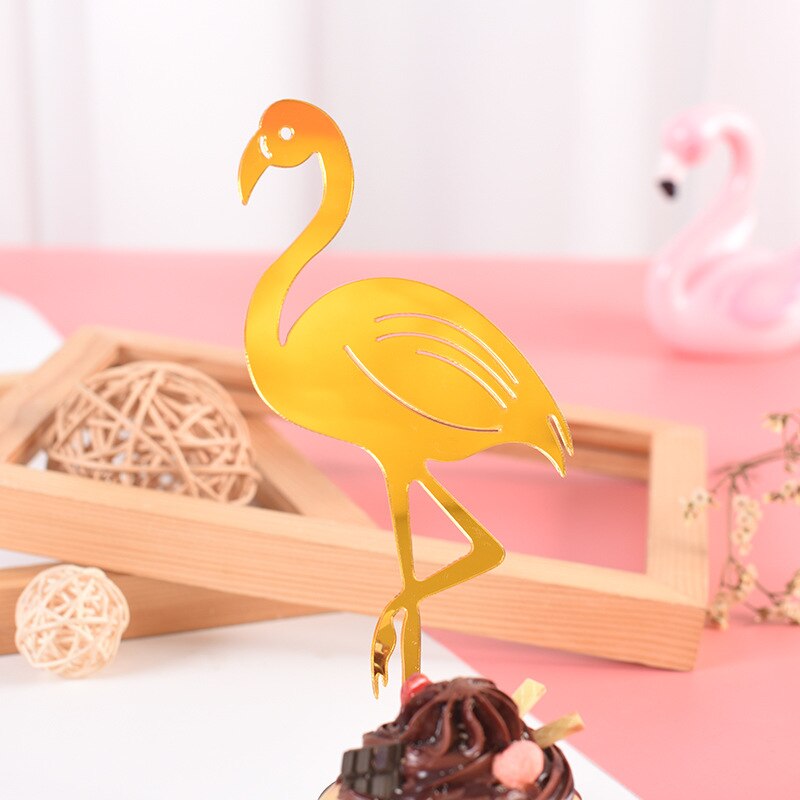 Pink Flamingo Cake Topper Acrylic Cake Flags Birthday Kids Favors Cake Decoration Cupcake Topper for Wedding Dessert Table Decor: Golden
