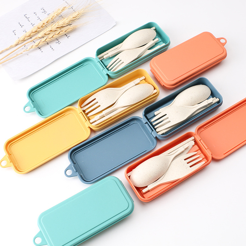 4PCS Wheat Straw Dinnerware Set Portable Tableware Knife Fork Spoon Chopsticks Set Travel Cutlery Set Eco-Friendly Utensil Box
