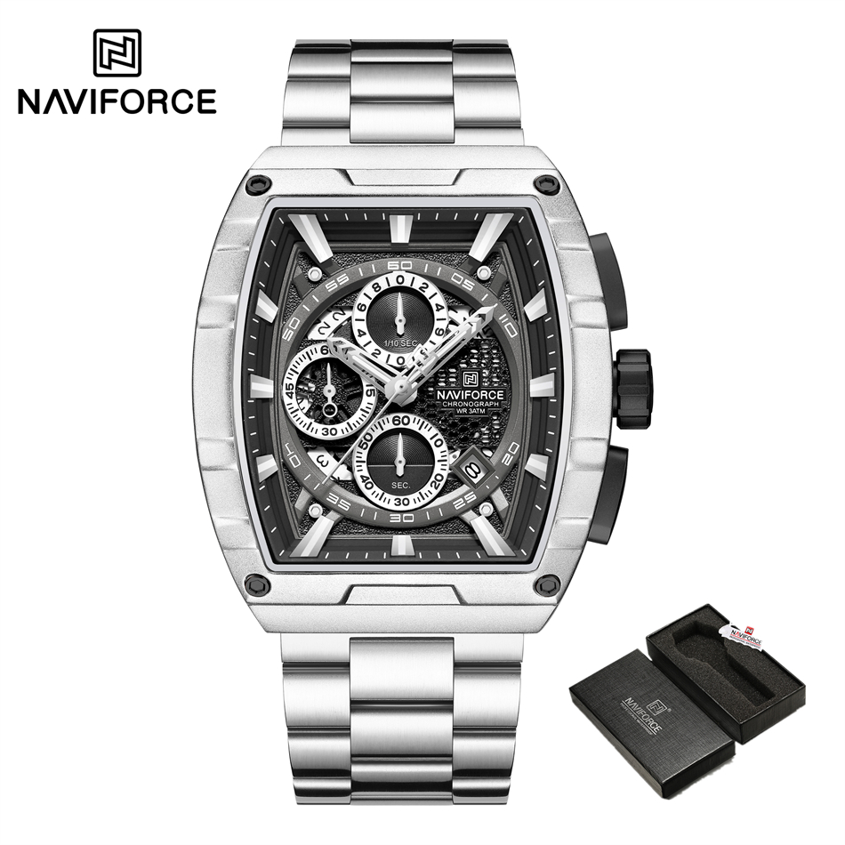 NAVIFORCE zegarek kwarcowy dla mężczyzn moda wodoodporny świecący chronograf zegarek Auto data pasek ze stali nierdzewnej zegar prezent: Black